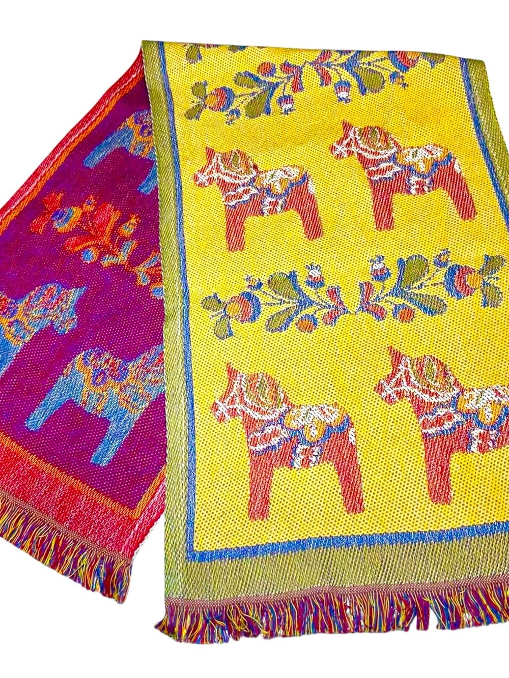 Vintage Scandinavian Dala Horse Woven Table Runner Fringe Folk Art Textile